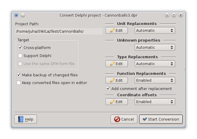 Picture of settings dialog of Delphi converter