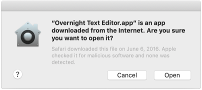 Gatekeeper dialog where an app which is signed and notarized is first opened (Catalina macOS 10.15.1 dialog)
