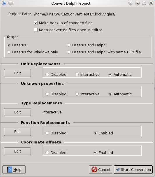 Picture of settings dialog of Delphi converter